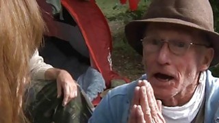 Two perv hobos fuck a nymphet in the forest Thumbnail