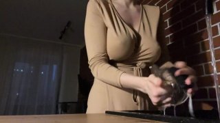 Feralberryy gets fucked hard in the kitchen at night - big tits bouncing, tight pussy, warm cum on tits pov Thumbnail