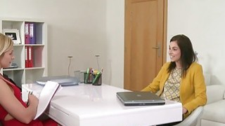 Blonde agent fingers petite brunette in casting Thumbnail
